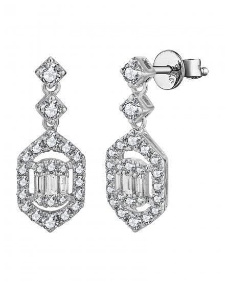 14K White Gold Round and Baguette Dangle Diamond Earrings