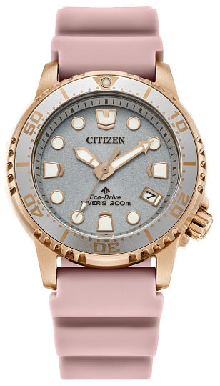 Citizen Eco-Drive Promaster Dive Rose Gold-Tone Stainless Steel Women's Watch with Pink Silicone Strap and Gray Dial