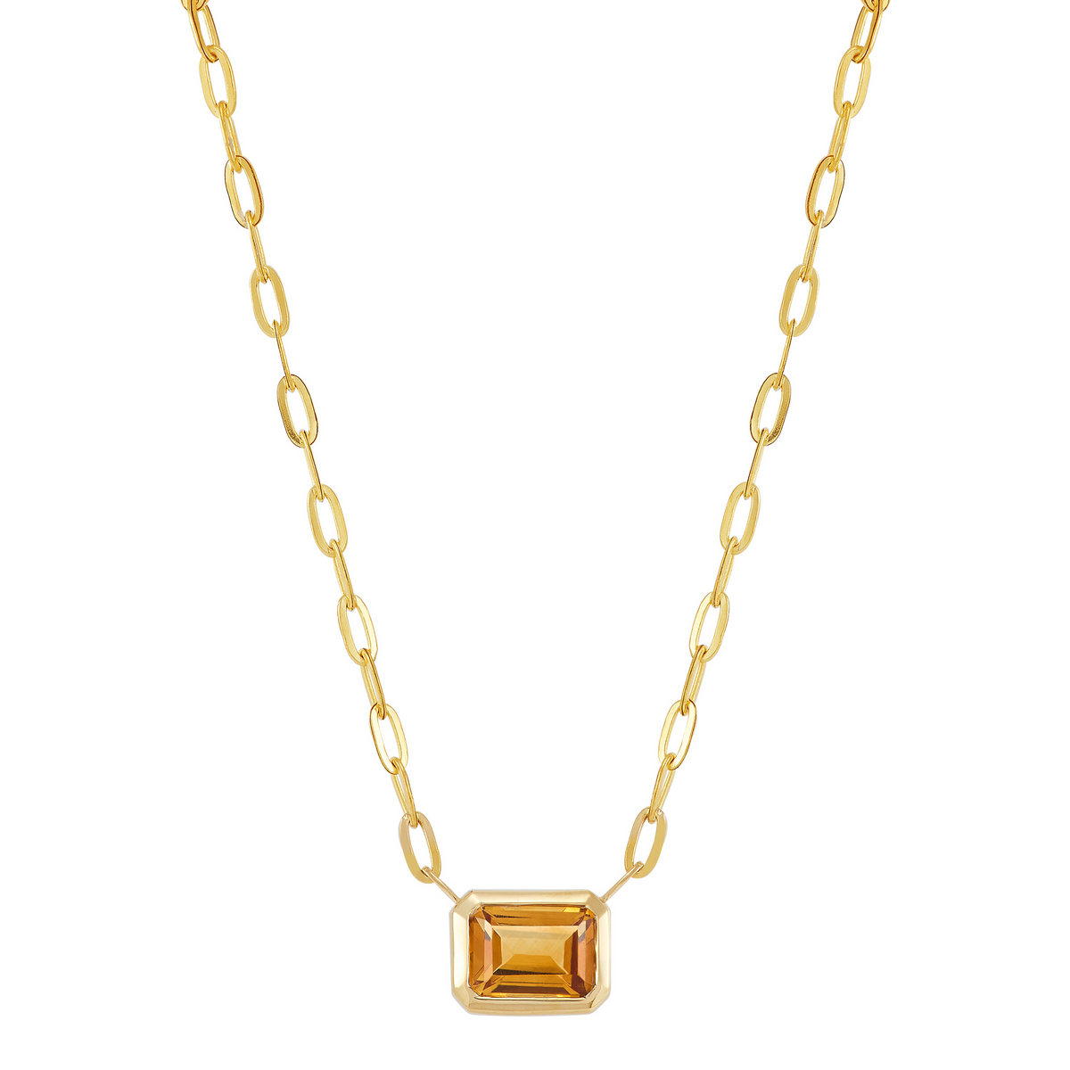 14K Yellow Gold Bezel-Set Emerald-Cut Citrine Pendant Necklace