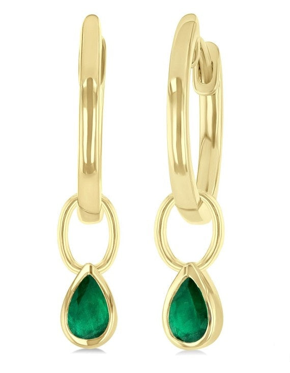 14K Yellow Gold Pear Emerald Dangle Hoop Earrings