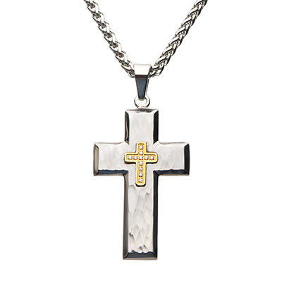 Men's Gold IP Hammered Stainless Steel Cross Pendant with CZs and Wheat Chain