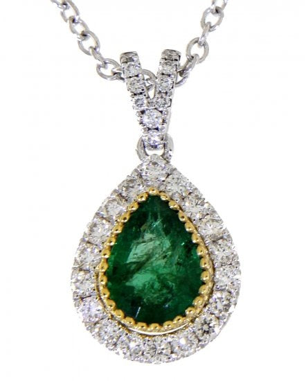 14K Two-Tone White and Yellow Gold Pear Emerald and Diamond Pendant