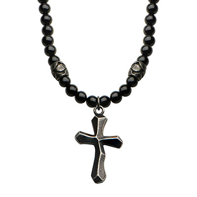 Men's Black Onyx Bead Necklace with Stainless Steel Cross Pendant