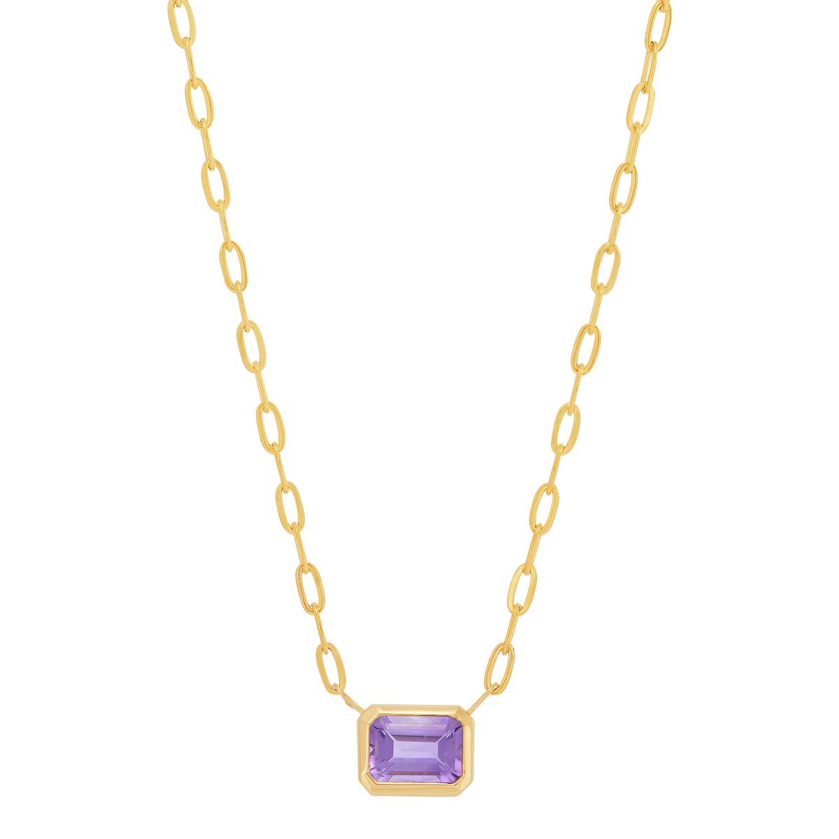 14K Yellow Gold Bezel-Set Emerald-Cut Amethyst Pendant Necklace