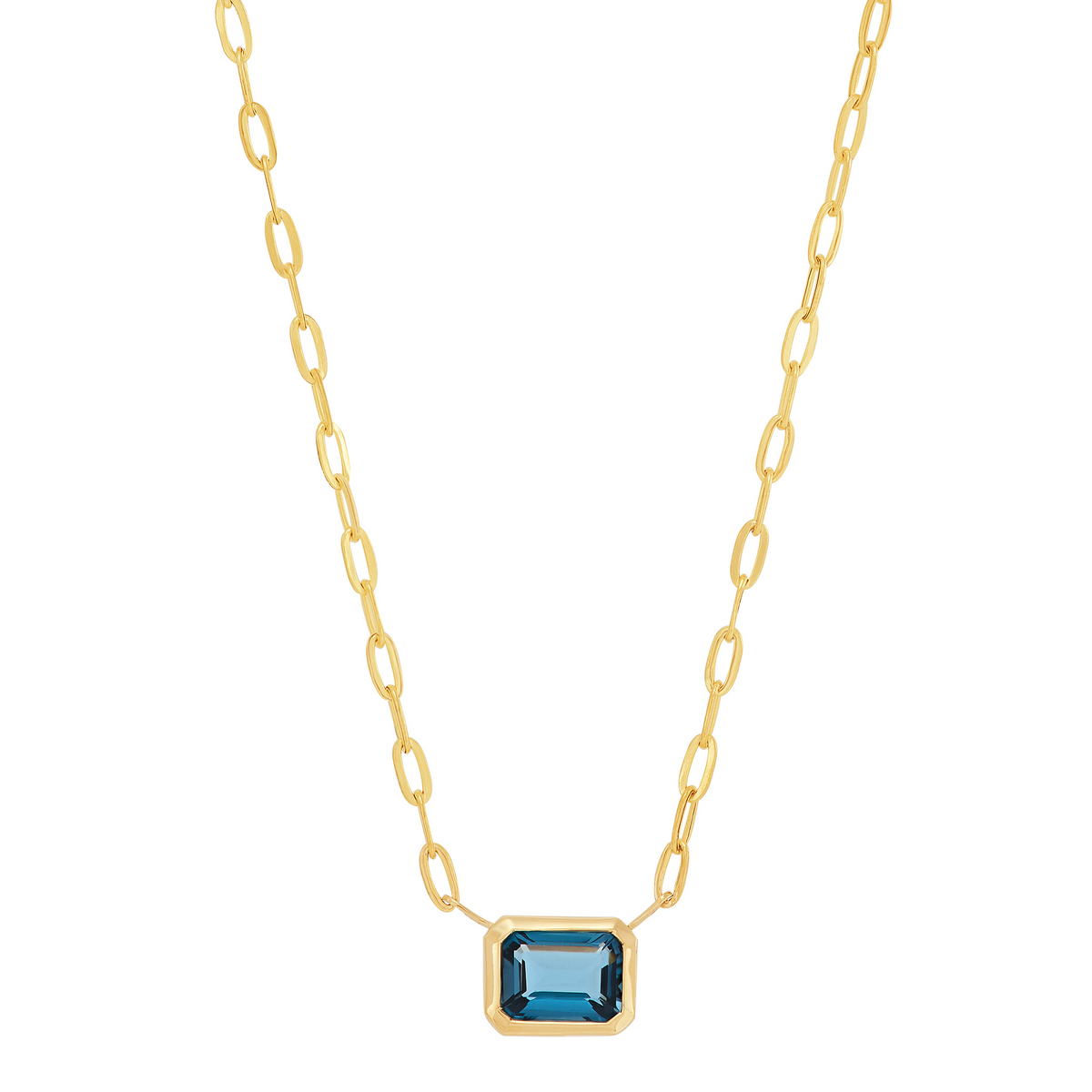 14K Yellow Gold Bezel-Set Emerald-Cut London Blue Topaz Pendant Necklace