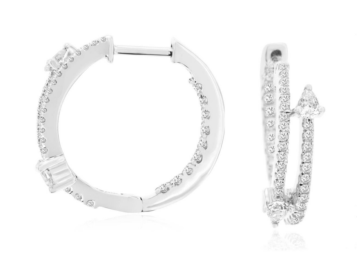 14K White Gold Round and Pear Hoop Diamond Earrings