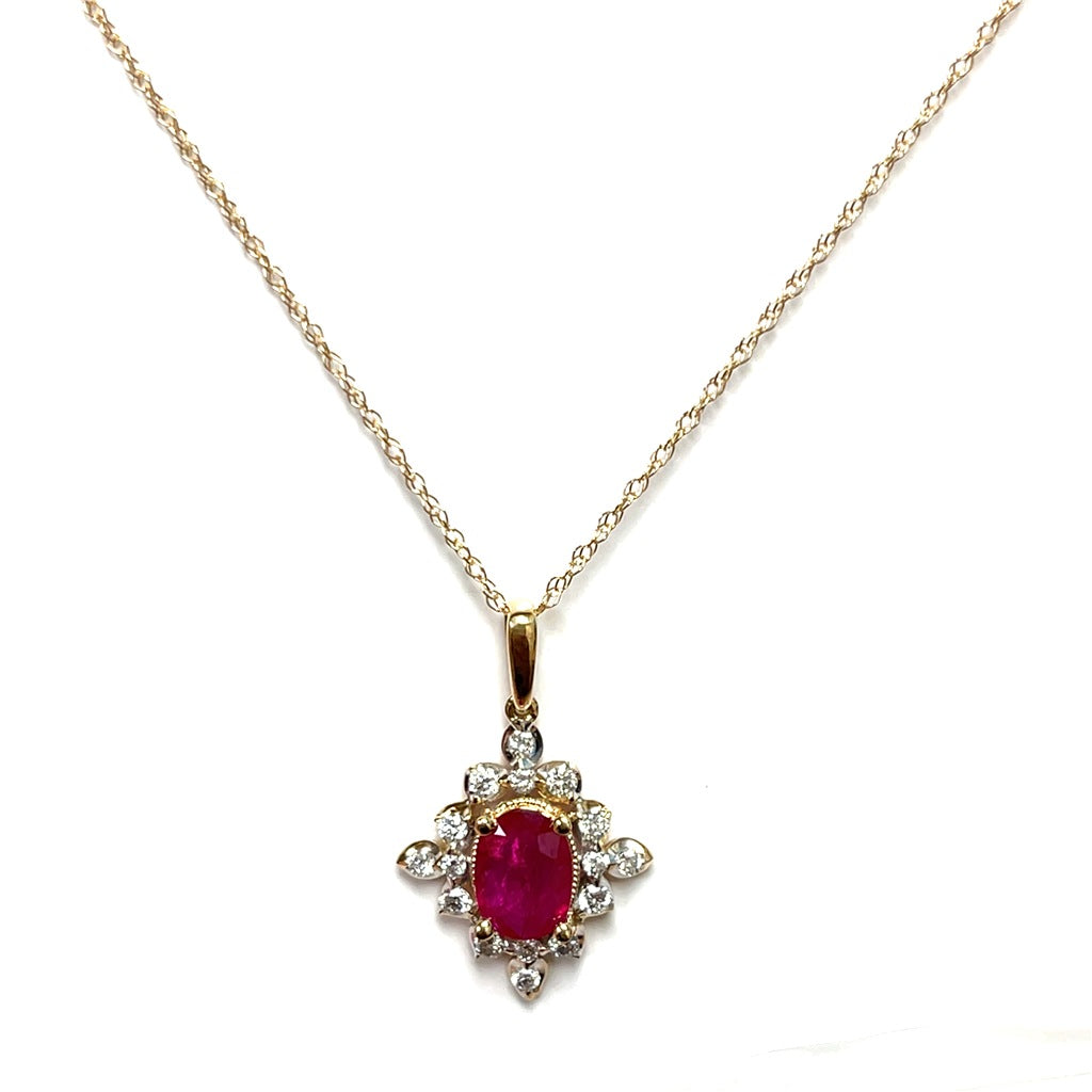 14K Yellow Gold Oval Ruby and Diamond Pendant
