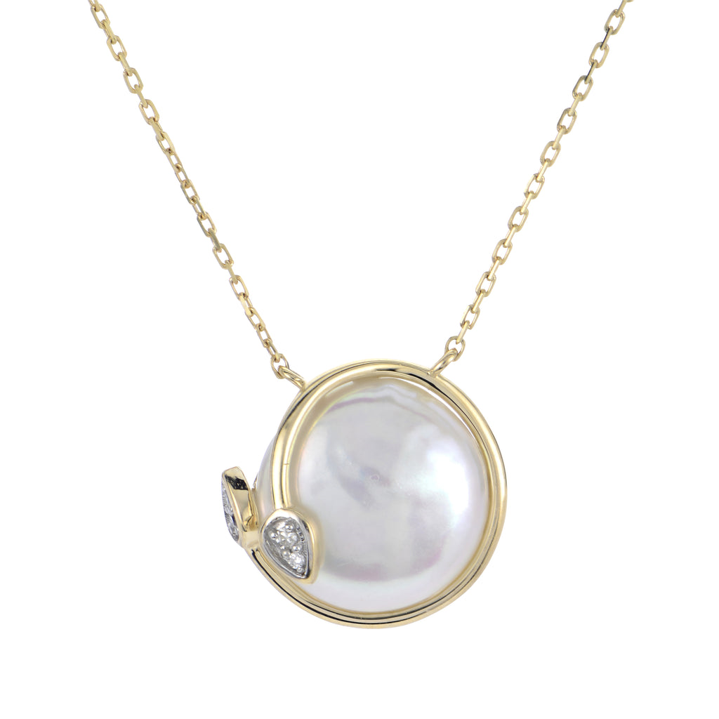 14K Yellow Gold Coin Pearl and Diamond Pendant