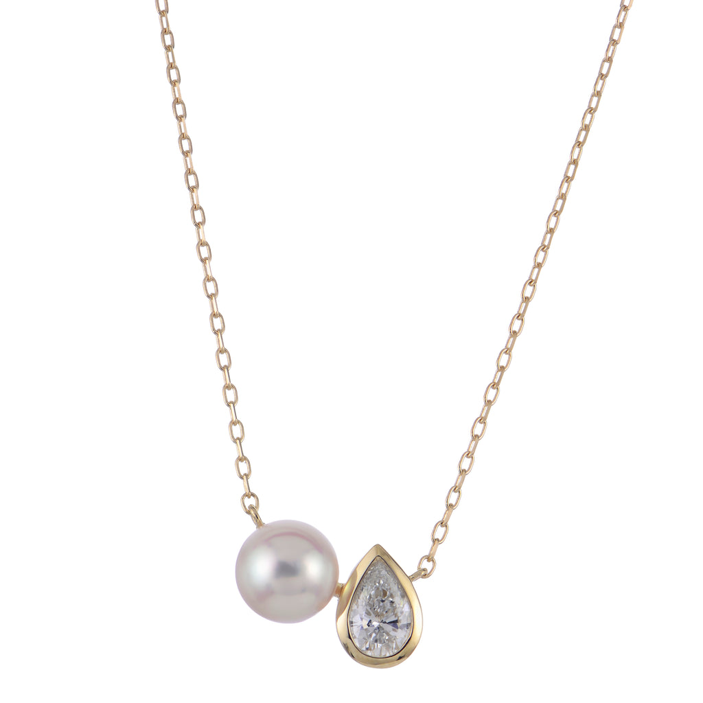 14K Yellow Gold Akoya Pearl and Pear Lab-Grown Diamond Pendant Necklace