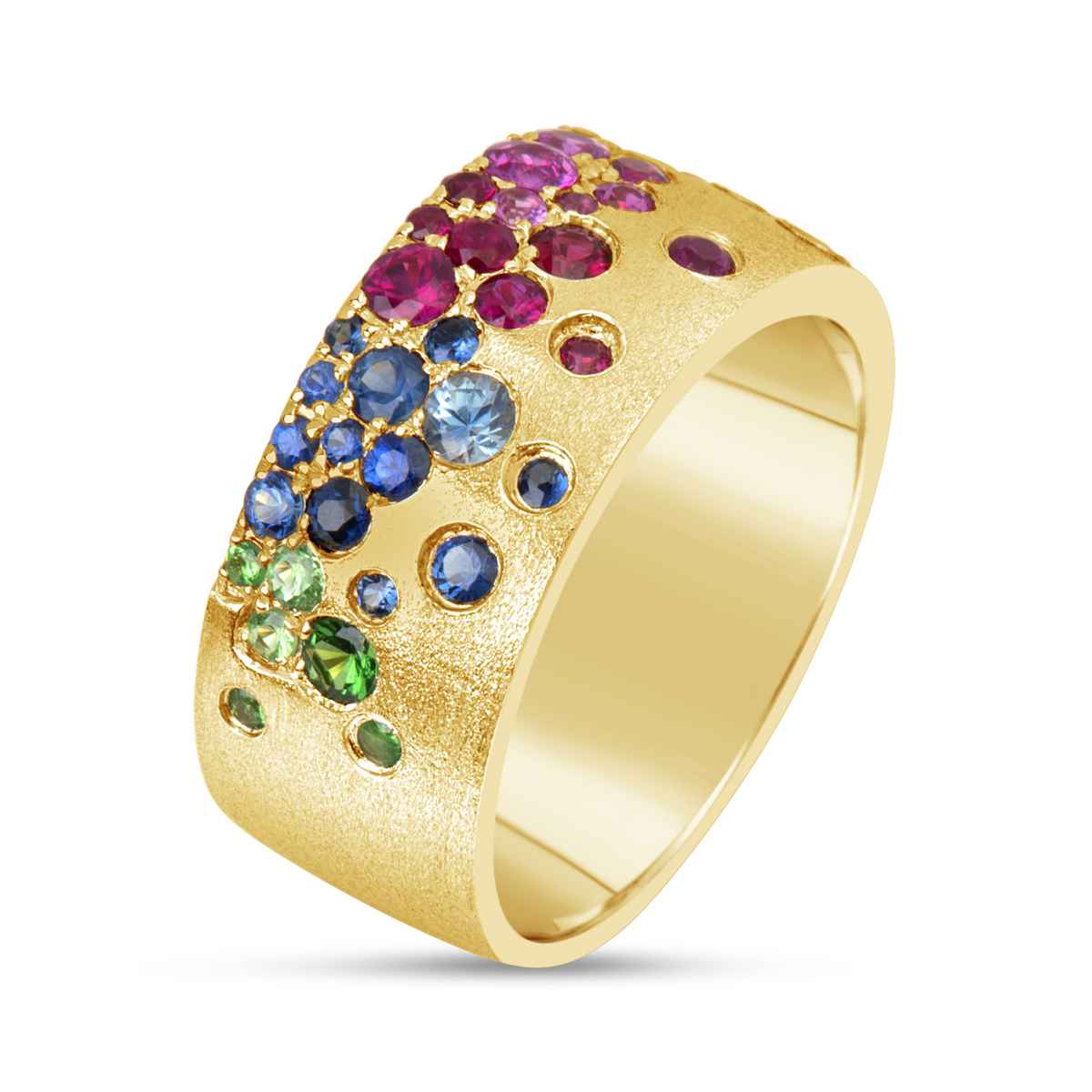 Confetti 14K Yellow Gold Rainbow Gemstone Satin Cigar Band Ring, 8.7mm, 1.36 CTW