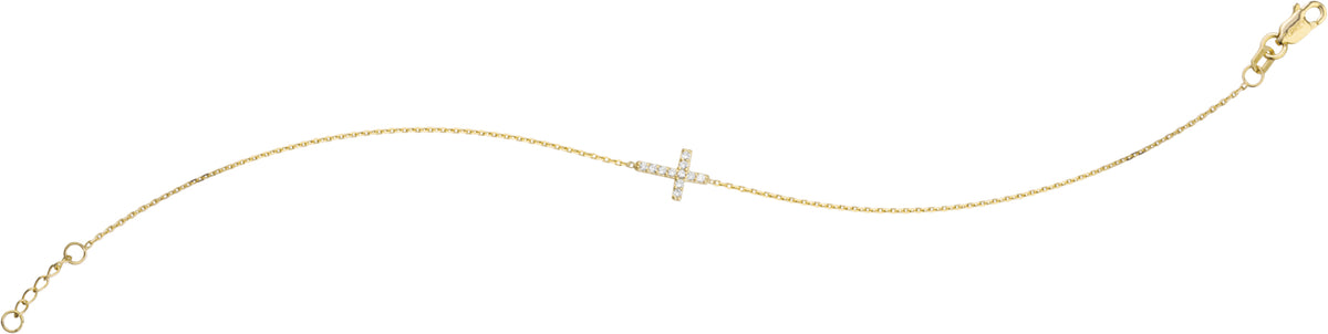 Yellow Sterling Silver Mini Sideways CZ Cross Bracelet, 7.5 Inch