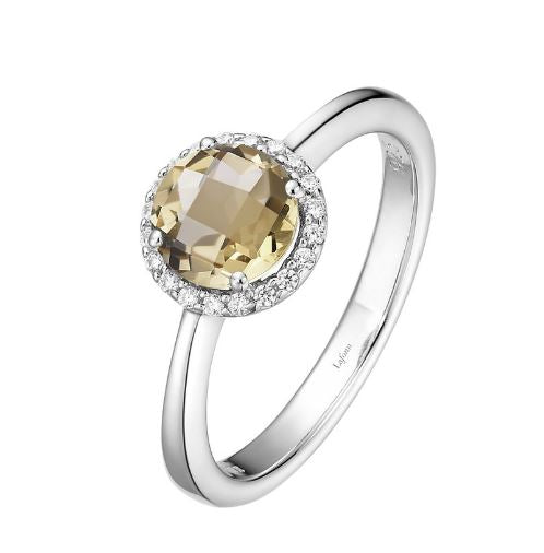 Lafonn White Sterling Silver Citrine Halo Mother's Ring, 6mm Round, 0.20 CTW, Size 7