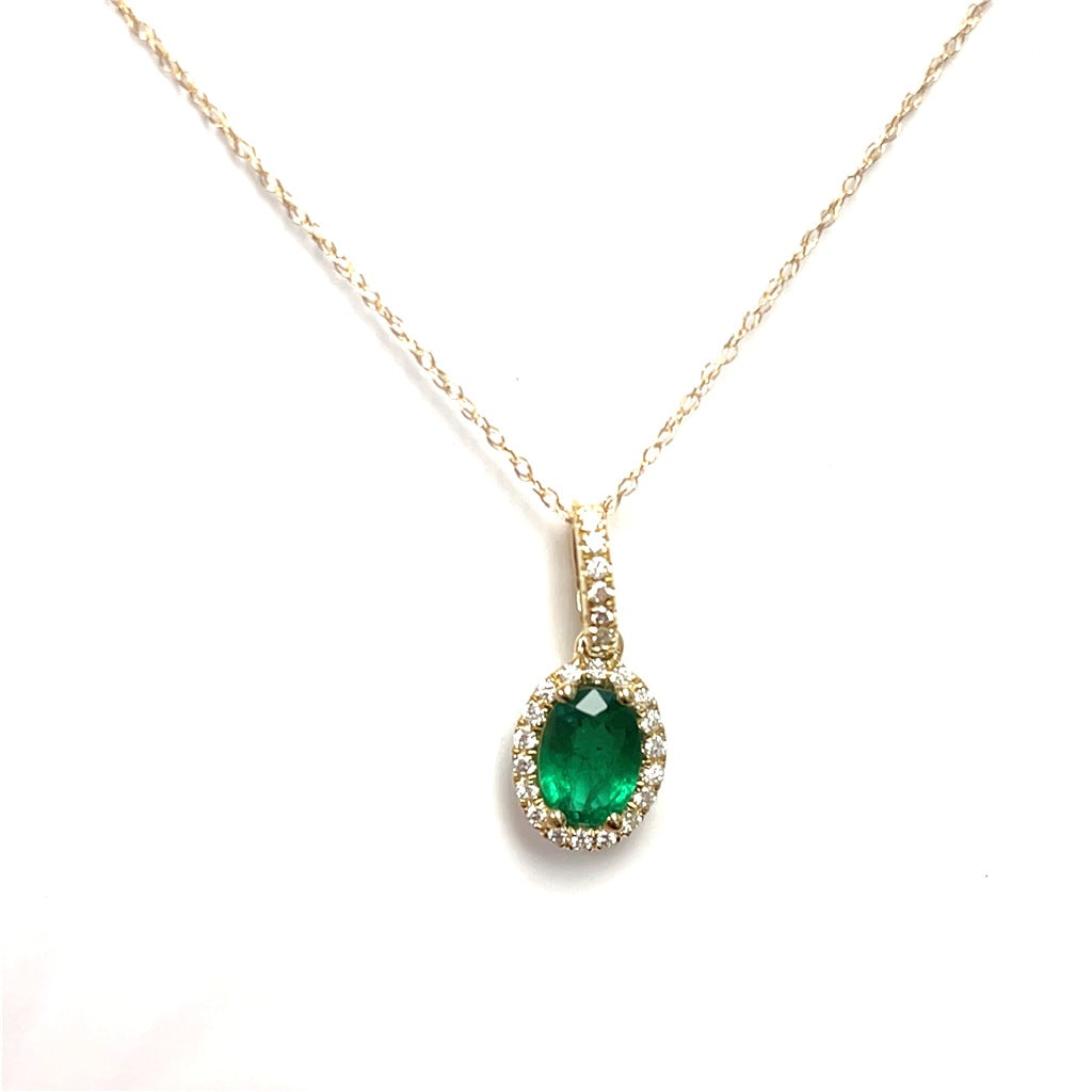 14K Yellow Gold Oval Emerald and Diamond Pendant