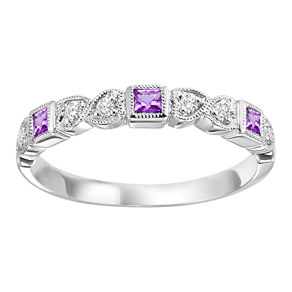 10K White Gold Beaded Edge Stackable Created Alexandrite and Diamond Gemstone Ring