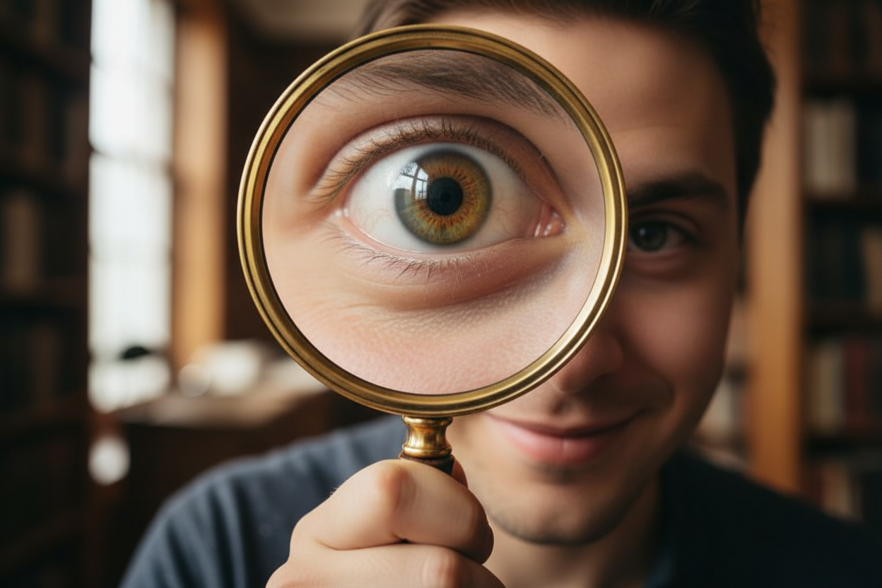 show someone holding up a magnifying glass making one eye appear large through it